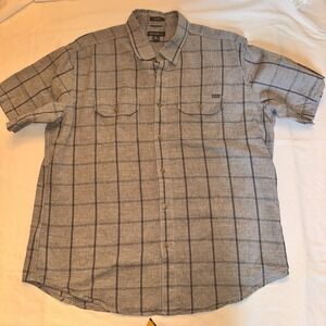 Eddie Bauer Mens L  Cotton Linen‎ Button Up Short Sleeve Shirt Gray Blue Plaid